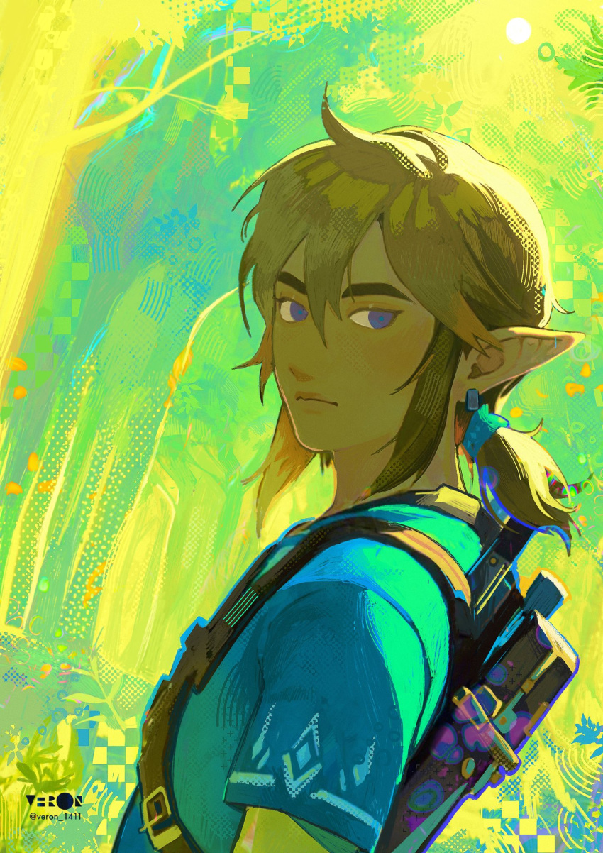 1boy blonde_hair blue_eyes blue_tunic braid closed_mouth earrings english_commentary english_text highres jewelry link looking_at_viewer male_focus pointy_ears shirt short_hair solo the_legend_of_zelda the_legend_of_zelda:_breath_of_the_wild tunic upper_body veron_1411