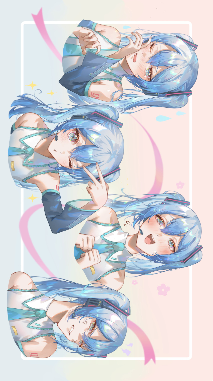 1girl absurdres anger_vein aqua_bow aqua_bowtie aqua_eyes aqua_hair arm_tattoo blush bow bowtie commentary cropped_shoulders crying detached_sleeves disgust exif_rotation gradient_background hair_between_eyes hatsune_miku headset highres kinakomocci518 long_hair multiple_views music one_eye_closed pink_ribbon ribbon singing streaming_tears tattoo tears twintails v vocaloid wiping_tears