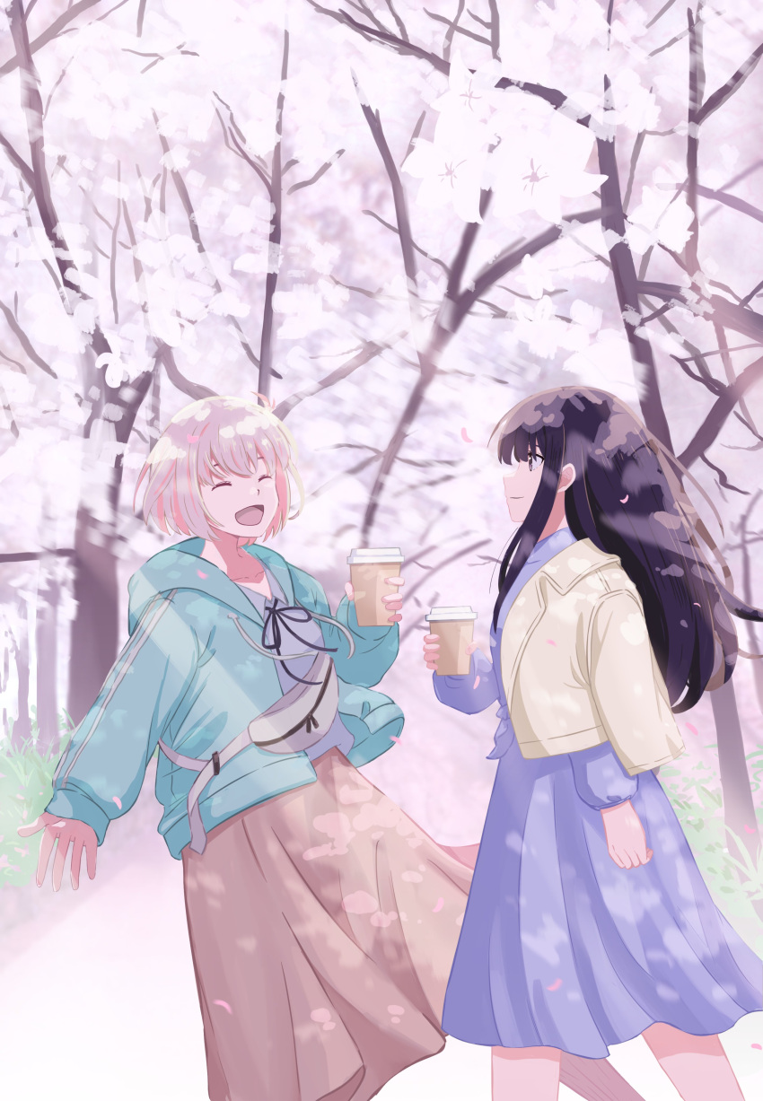 2girls ^_^ absurdres aqua_jacket black_hair black_ribbon blonde_hair blue_dress blue_shirt brown_jacket brown_skirt chai_haru cherry_blossoms closed_eyes closed_mouth collared_shirt commentary_request cup day disposable_cup dress falling_petals fanny_pack highres holding holding_cup hood hood_down hooded_jacket inoue_takina jacket jacket_on_shoulders long_hair long_sleeves lycoris_recoil multiple_girls neck_ribbon nishikigi_chisato one_side_up open_clothes open_jacket open_mouth outdoors petals ribbon shirt short_hair sidelocks skirt violet_eyes
