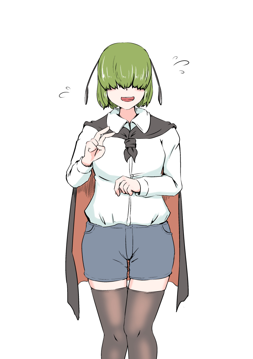 1girl absurdres black_thighhighs blue_shorts cape collared_shirt commentary_request hair_over_eyes highres long_sleeves narun_adanagi open_mouth shirt short_hair shorts simple_background solo thigh-highs touhou white_background white_shirt wriggle_nightbug