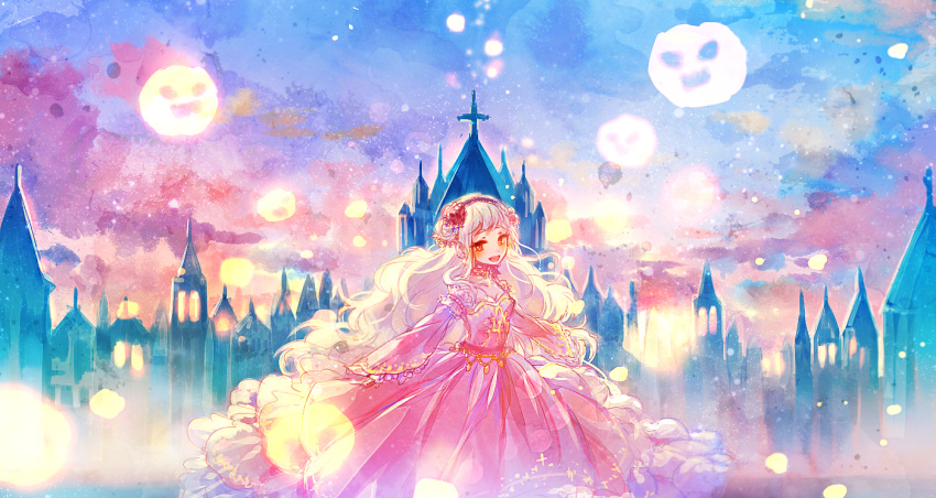 1girl :d castle clouds cross dress flower frills hair_flower hair_ornament hairband jewelry long_hair long_sleeves looking_at_viewer mint5464 multicolored_sky open_mouth original outdoors pink_dress red_eyes sky smile solo standing very_long_hair white_hair