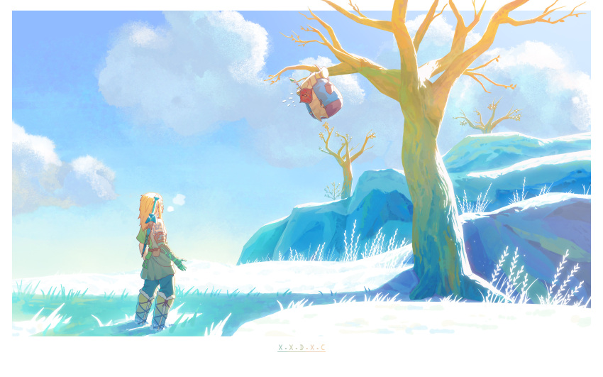 1boy absurdres bare_tree blue_sky boots clouds cloudy_sky highres korok light_brown_hair link medium_hair outdoors plant scenery sky snow sunlight sword sword_on_back the_legend_of_zelda tree weapon weapon_on_back x.x.d.x.c