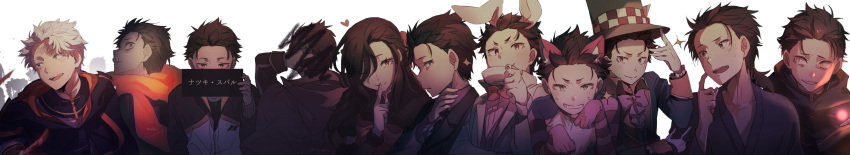 absurdres animal_ears beatrice_(re:zero) black_robe blue_eyes blue_robe brown_eyes brown_hair cat_ears closed_mouth commentary_request cup evil_smile finger_to_mouth from_side hair_slicked_back hand_on_own_face hand_to_head harusabin hat heart heterochromia highres holding holding_cup holding_sign long_hair long_sleeves looking_at_viewer multiple_persona natsuki_subaru natsumi_schwarz open_mouth orange_eyes orange_scarf ponytail purple_ribbon rabbit_ears re:zero_kara_ayamatsu_isekai_seikatsu re:zero_kara_hajimeru_isekai_seikatsu re:zero_kara_kasaneru_isekai_seikatsu re:zero_kara_oboreru_isekai_seikatsu re:zero_kara_tsugihagu_isekai_seikatsu ribbon robe scar scarf short_hair shushing sign simple_background smile suit teacup top_hat track_suit white_background white_hair wide_image