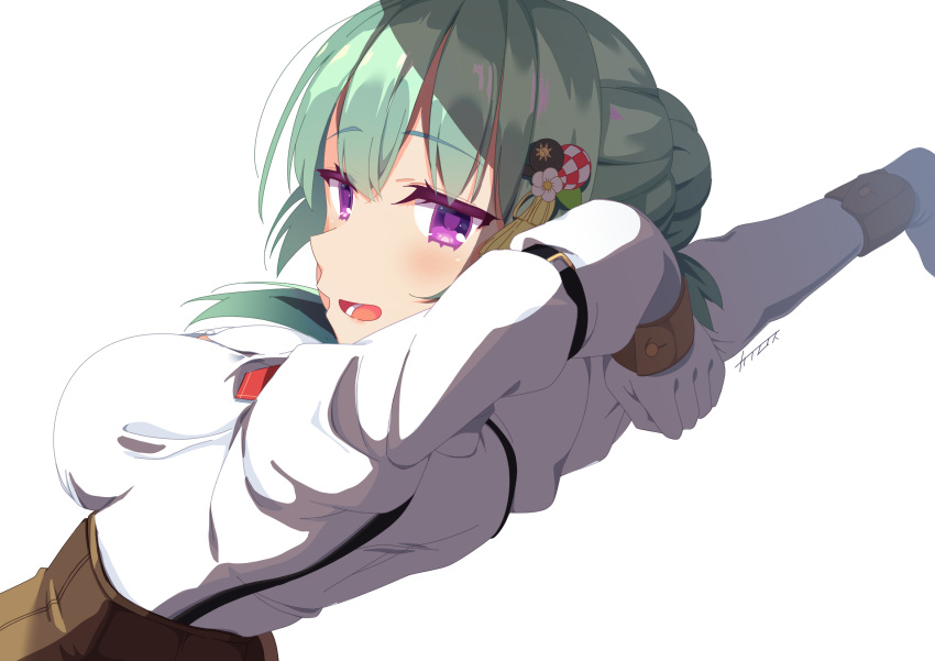 1girl arms_up artist_name blush breasts colored_eyelashes commentary_request dutch_angle from_behind gloves green_hair hair_between_eyes hair_bun hand_on_own_arm highres impossible_clothes kairosu large_breasts long_sleeves looking_at_viewer looking_back medium_hair nose open_mouth school_uniform shirt simple_background single_hair_bun skirt smile solo stretching suspender_skirt suspenders takadate_orie tenshi_souzou_re-boot! upper_body violet_eyes white_background white_gloves white_shirt