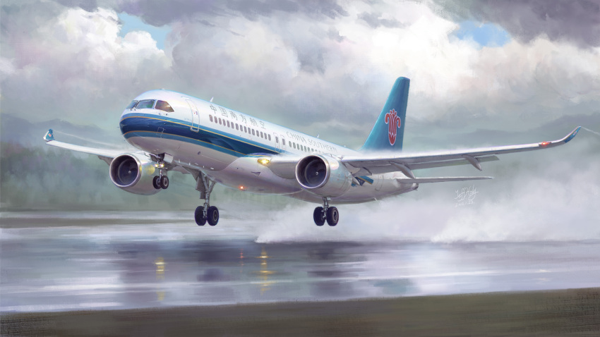aircraft airplane china_southern_airlines clouds cloudy_sky comac_c919 dated ground_effect highres jeffholy landing_gear no_humans photorealistic realistic runway signature sky spray take-off vehicle_focus