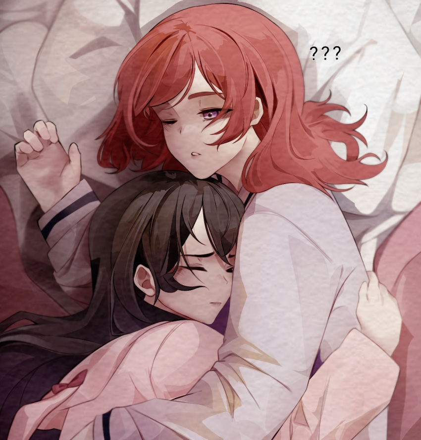 2girls ? ?? black_hair closed_eyes closed_mouth commentary cuddling from_above hand_on_another's_back highres long_hair love_live! love_live!_school_idol_project multiple_girls niant9n nishikino_maki on_bed one_eye_closed parted_lips pillow pink_shirt redhead shirt sleeping violet_eyes white_shirt yazawa_nico yuri