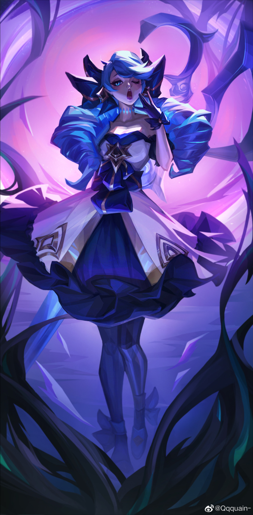 1girl ;o absurdres artist_name black_bow black_dress black_gloves blue_hair bow dress drill_hair full_body gloves gwen_(league_of_legends) hair_bow hand_up highres holding holding_scissors league_of_legends long_hair one_eye_closed oversized_object pantyhose qqquain scissors solo standing striped_clothes striped_pantyhose twin_drills twintails white_dress