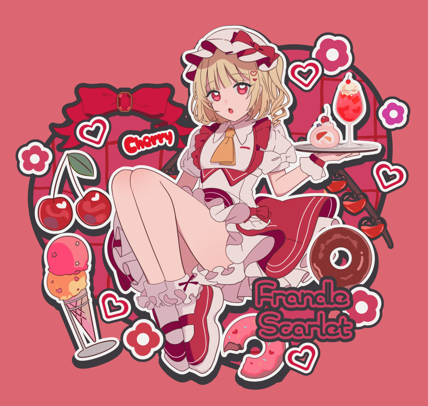 1girl :o absurdres adapted_costume ascot black_footwear blonde_hair bobby_socks bow cherry commentary_request daimaou_ruaeru dessert doughnut dress flandre_scarlet food fruit full_body hat hat_bow heart heart_in_eye highres holding holding_tray ice_cream knees_up looking_at_viewer mary_janes medium_hair mob_cap open_mouth petticoat puffy_short_sleeves puffy_sleeves red_bow red_eyes shoes short_sleeves socks solo symbol_in_eye touhou tray white_bow white_dress white_socks yellow_ascot
