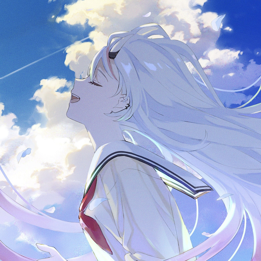 1girl :d album_cover blue_sky closed_eyes clouds cloudy_sky contrail cover cumulonimbus_cloud ear_piercing facing_up floating_hair hand_up highres hololive horns long_hair nakiri_ayame neckerchief official_art open_mouth piercing portrait profile red_neckerchief sailor_collar school_uniform shirt sidelocks sky smile solo teeth textless_version upper_teeth_only virtual_youtuber white_hair white_sailor_collar white_shirt wind yuribou