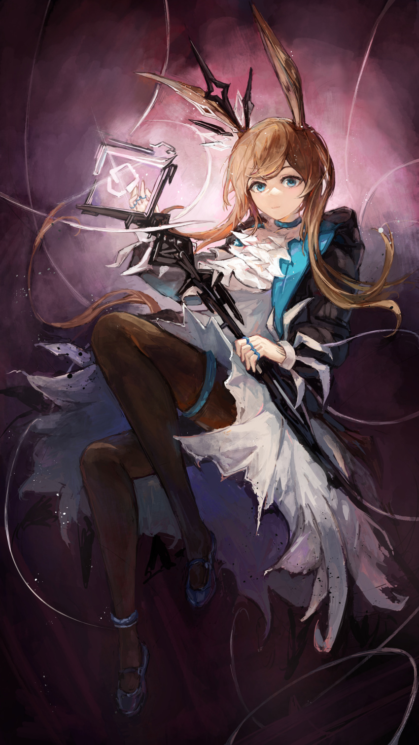 1girl absurdres amiya_(arknights) amiya_(medic)_(arknights) animal_ears ankle_strap arknights ascot black_jacket black_pantyhose blue_choker blue_eyes blue_footwear brown_hair choker closed_mouth floating floating_hair floating_object glowing glowing_weapon highres holding holding_staff hood hood_down hooded_jacket jacket jewelry karenncat long_hair looking_at_viewer mary_janes multiple_rings neck_ring official_alternate_costume open_clothes open_jacket originium_arts_(arknights) pantyhose rabbit_ears rabbit_girl ring shoes sidelocks skirt solo staff string thumb_ring two-sided_fabric two-sided_jacket weapon white_ascot white_skirt