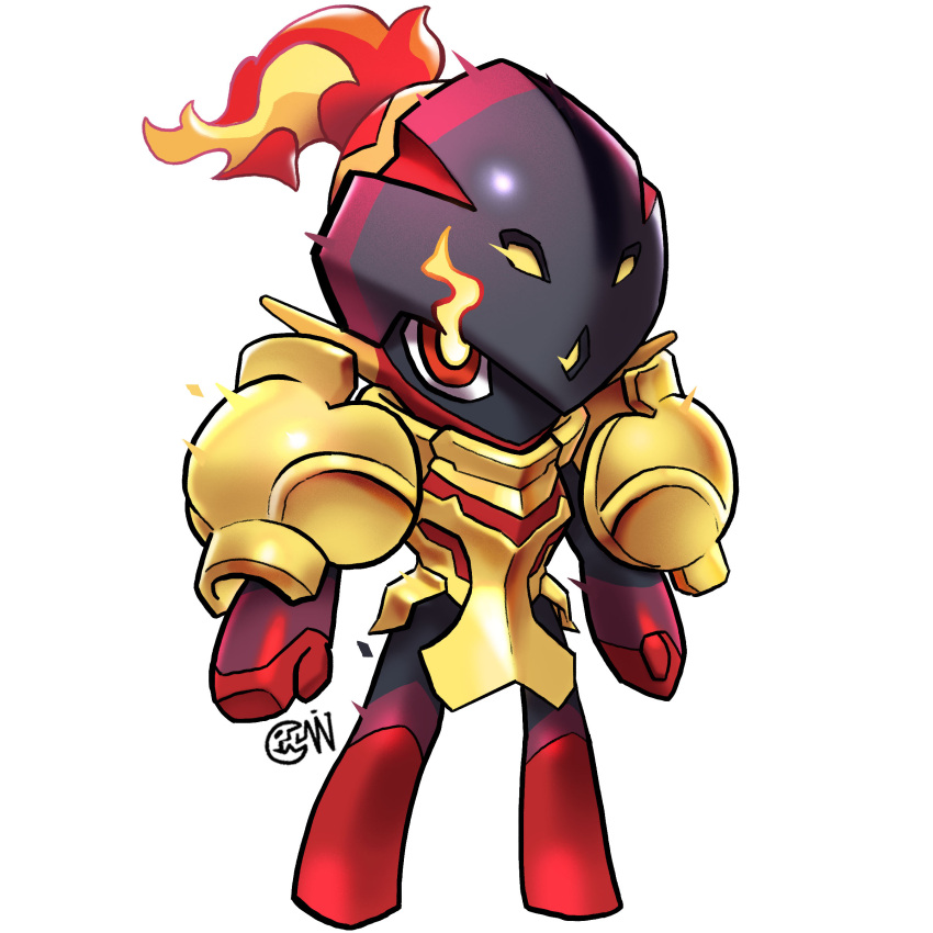 absurdres armarouge armor artist_logo chibi colored_skin cwdw fiery_hair glowing glowing_eyes gold_armor gold_helmet helmet highres looking_at_viewer no_humans pokemon pokemon_(creature) red_eyes red_skin shoulder_armor simple_background solo white_background