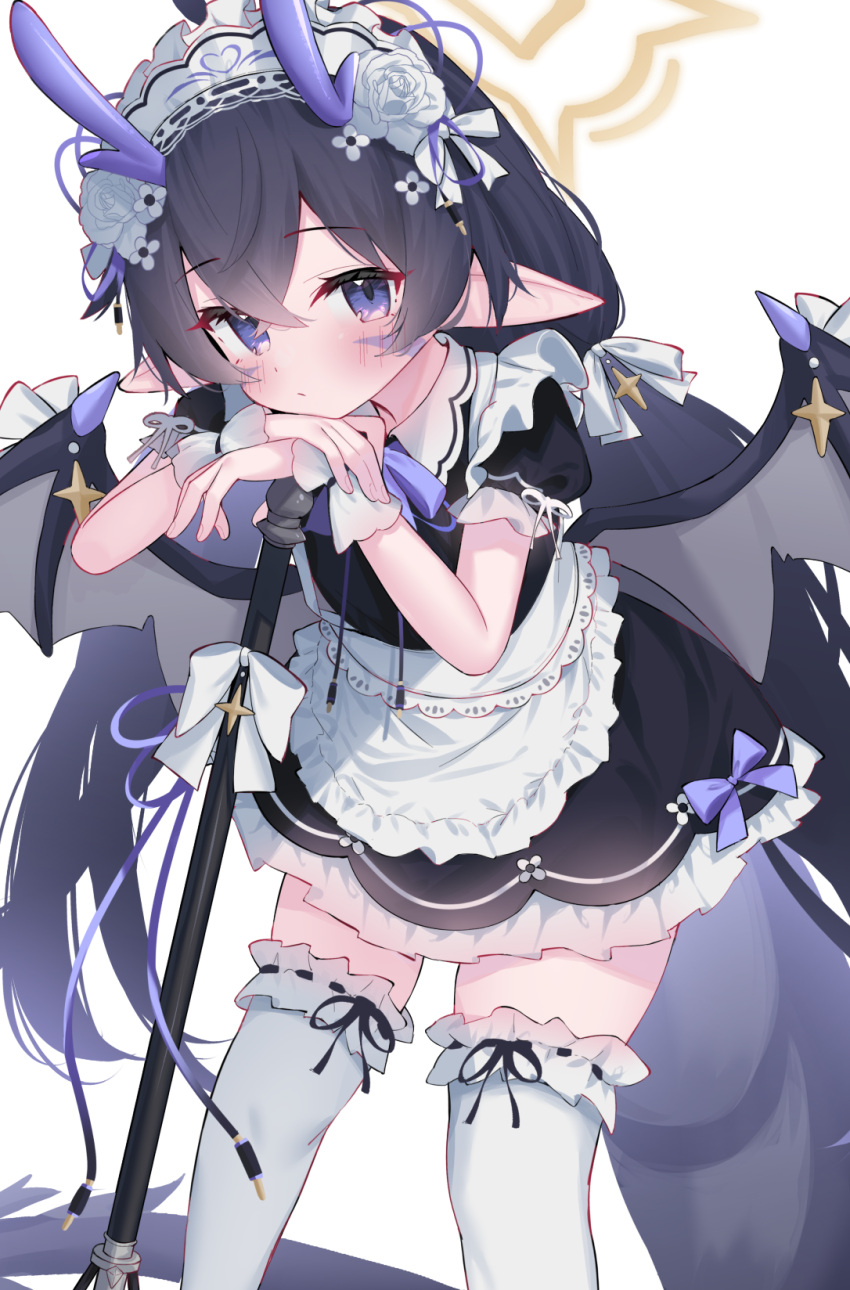 1girl apron black_dress black_hair black_wings blue_bow blue_eyes blush bow closed_mouth demon_wings dress eip_(pepai) flower frilled_apron frilled_thighhighs frills hair_bow hair_flower hair_ornament halo highres horns long_hair looking_at_viewer maid maid_headdress original pointy_ears rose simple_background solo star_(symbol) tail thigh-highs white_apron white_background white_bow white_flower white_rose white_thighhighs wings yellow_halo