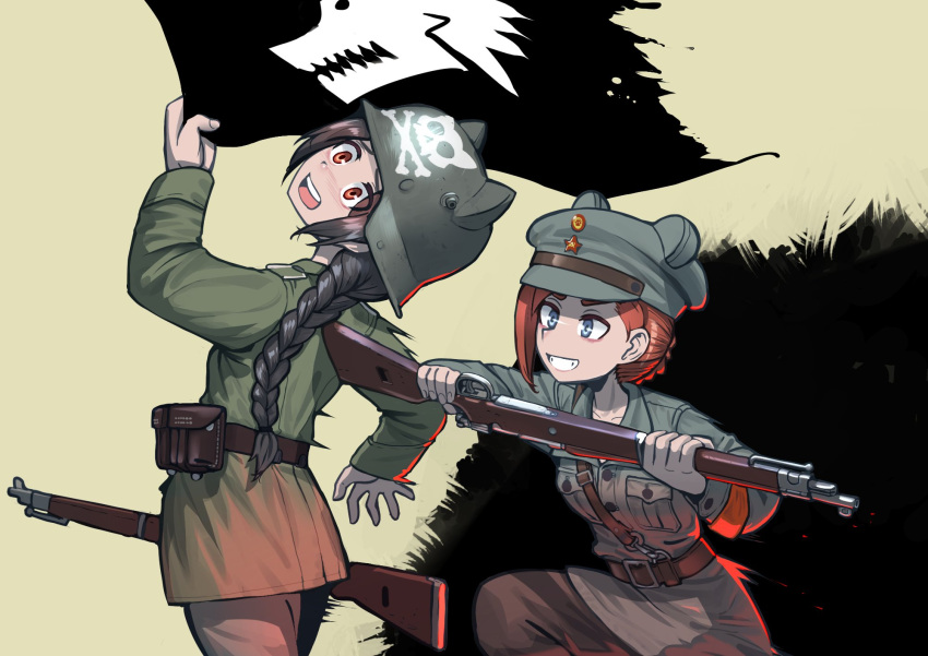 2girls ammunition_pouch animal_ear_headwear animal_ears_helmet attack belt black_hair blush bolt_action braid braided_ponytail breasts collarbone commentary commission erica_(naze1940) flag german_empire grey_eyes gun hair_bun hammer_and_sickle hat hat_ornament helmet highres holding holding_gun holding_weapon imperial_german_army jacket load_bearing_equipment long_braid long_hair long_sleeves looking_at_another military military_uniform multiple_girls open_mouth orange_hair original peaked_cap pouch red_eyes red_star rifle russia shoulder_boards simple_background single_braid smile soldier soviet soviet_army speed_lines star_(symbol) teeth tongue uniform upper_teeth_only weapon world_war_i