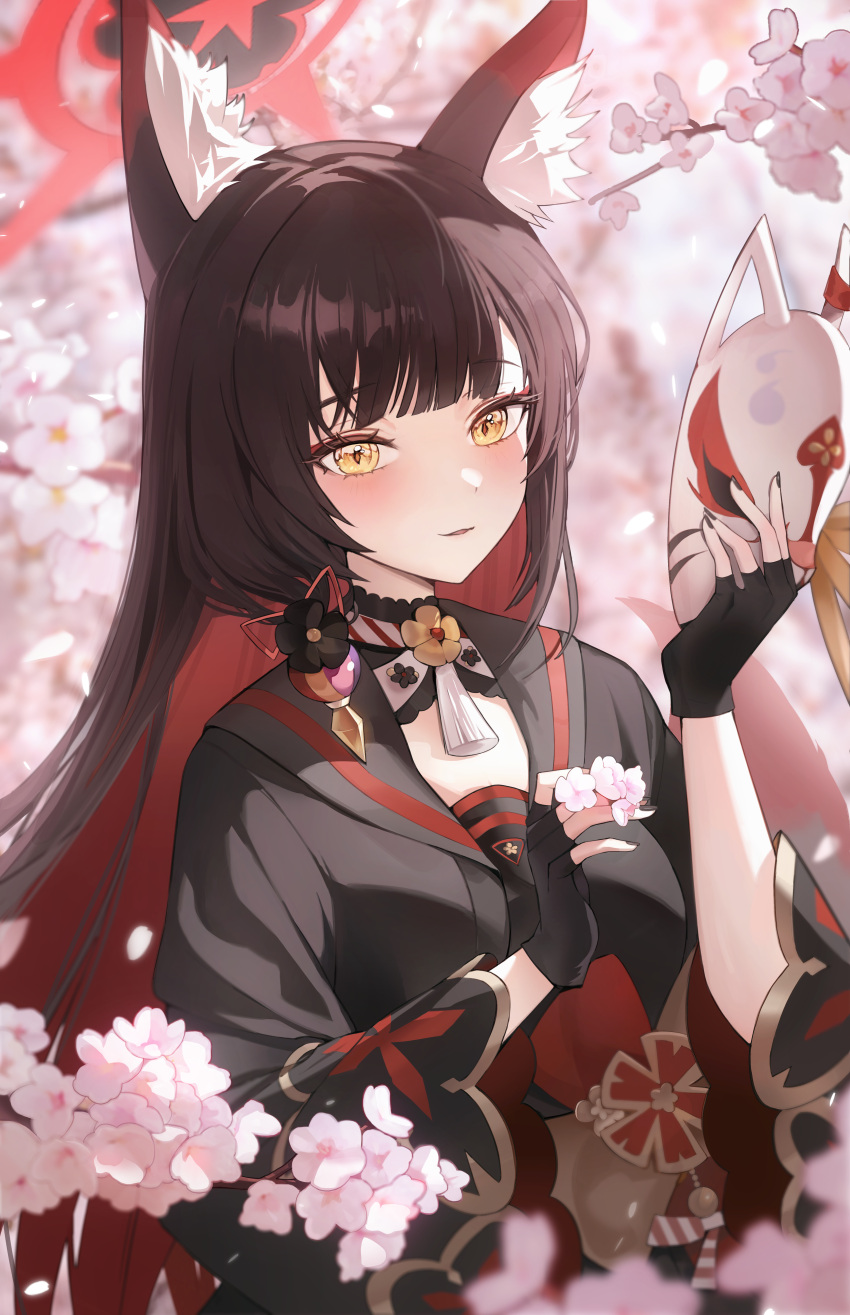 1girl absurdres animal_ear_fluff animal_ears black_gloves black_hair black_kimono blue_archive blush cherry_blossoms colored_inner_hair fingerless_gloves fox_ears fox_mask gloves halo highres holding holding_mask japanese_clothes kimono long_hair looking_at_viewer mask multicolored_hair open_mouth red_halo redhead solo wakamo_(blue_archive) yellow_eyes zije
