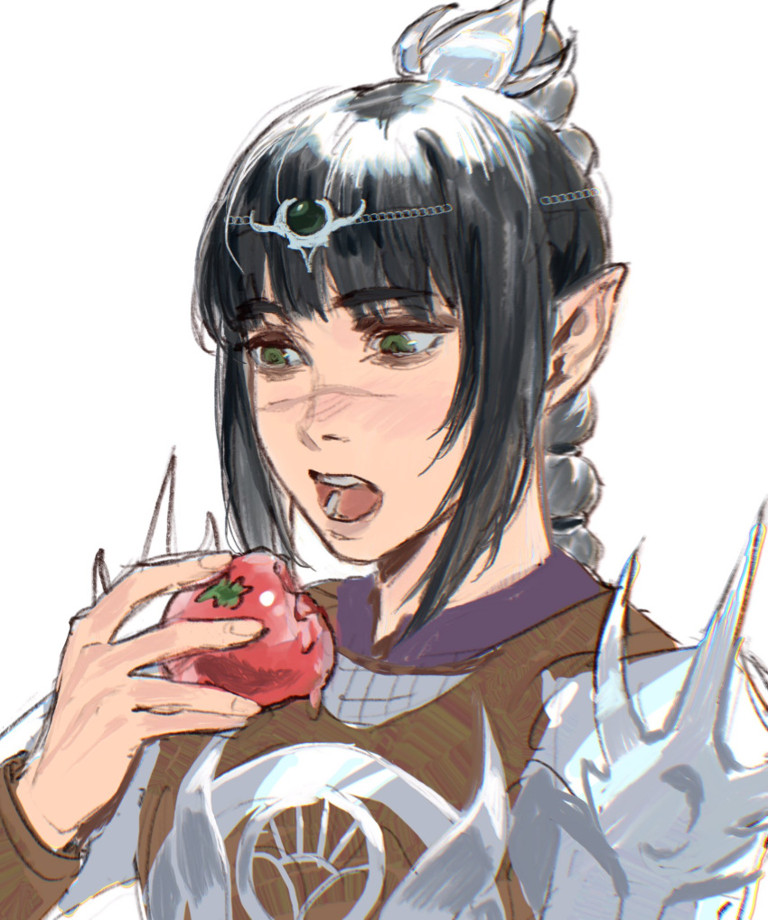 1girl apple armor baldur's_gate black_hair blunt_bangs blush circlet dungeons_&amp;_dragons food fruit green_eyes hair_ornament hand_up highres holding holding_food holding_fruit keibleh long_hair looking_at_object open_mouth pauldrons pointy_ears scar scar_on_face scar_on_nose shadowheart_(baldur's_gate) shoulder_armor sidelocks simple_background solo teeth tongue upper_body white_background