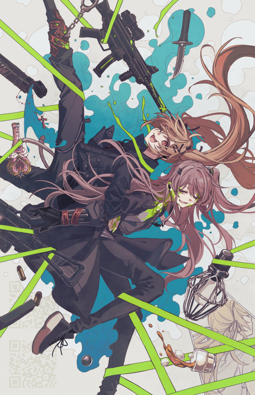 2girls abstract_background alternate_costume ammunition black_pants brown_eyes brown_hair cross-laced_footwear cup earpiece fang floating_hair girls_frontline gun h&amp;k_ump highres knife long_hair looking_at_viewer magazine_(weapon) multiple_girls multiple_hairpins one_eye_closed one_side_up open_mouth paint_on_clothes paint_splatter paint_splatter_on_face pants qr_code rabb_horn scar scar_across_eye shoes smile sneakers submachine_gun twintails ump45_(girls'_frontline) ump9_(girls'_frontline) weapon yellow_eyes