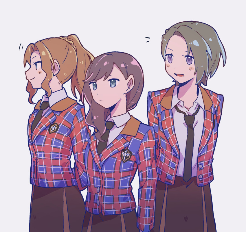 3girls arms_at_sides arms_behind_back black_necktie blue_eyes blue_jacket braid brown_hair brown_scrunchie brown_skirt closed_mouth collared_shirt commentary cowboy_shot grey_background hair_ornament hair_over_shoulder hair_scrunchie highres honami_hisame jacket light_smile long_hair long_sleeves looking_afar looking_ahead loose_necktie minase_suzu motion_lines multiple_girls necktie notice_lines open_clothes open_jacket parted_bangs parted_lips plaid plaid_jacket ponytail profile rei931218 school_uniform scrunchie shirt shirt_tucked_in short_hair shoujo_kageki_revue_starlight side-by-side sidelocks simple_background single_braid skirt standing v-shaped_eyebrows violet_eyes white_shirt yanagi_koharu