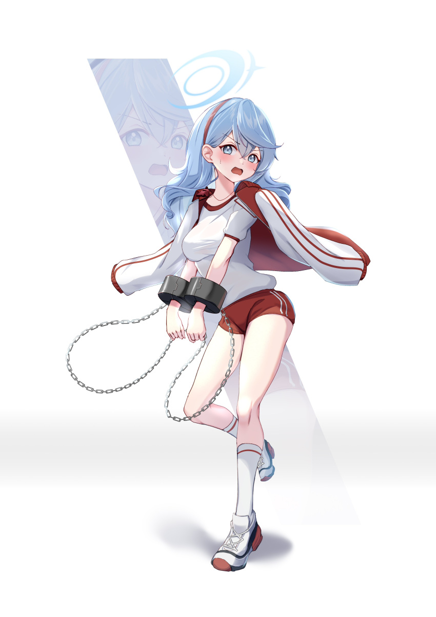 1girl absurdres ako_(blue_archive) alphaart alternate_costume blue_archive blue_hair blue_halo bound bound_wrists chain cuffs english_commentary full_body gym_shirt gym_shorts gym_uniform halo highres jacket jacket_on_shoulders looking_at_viewer open_mouth red_shorts shackles shirt shorts solo standing standing_on_one_leg white_shirt
