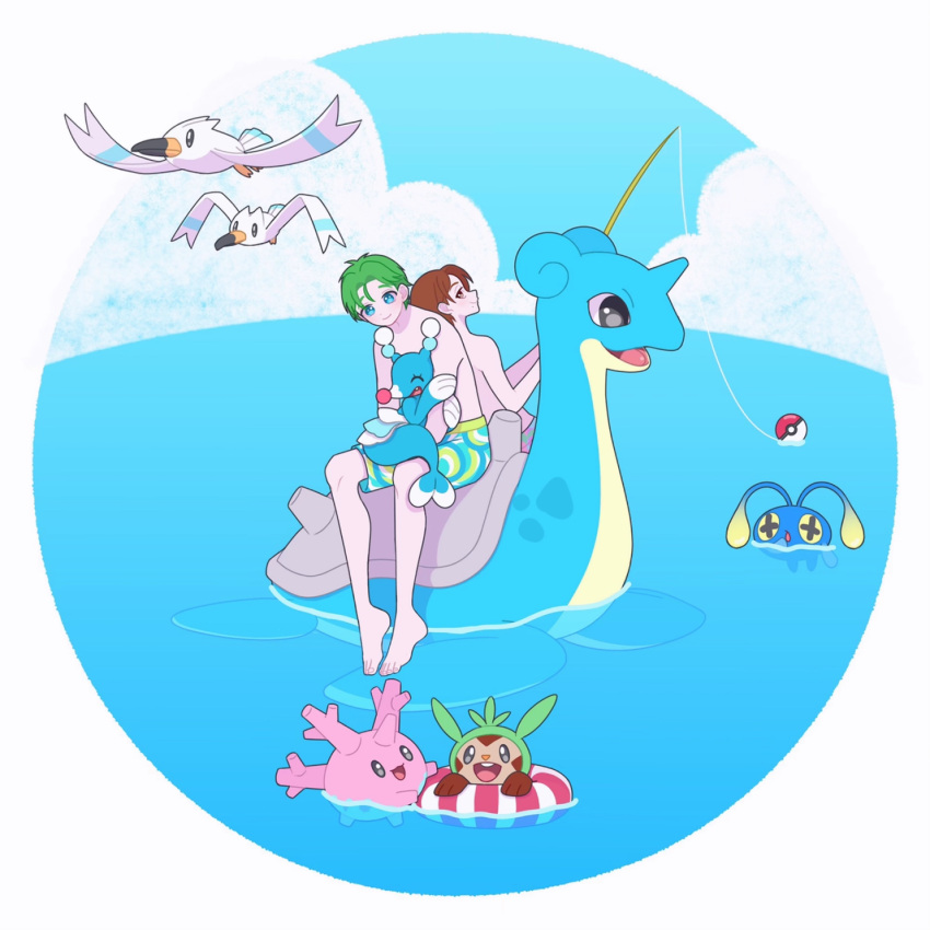 2boys back-to-back barefoot blue_sky brionne brown_eyes brown_hair chespin chinchou clouds commentary_request corsola crossover day fishing_rod full_body highres holding holding_fishing_rod holding_pokemon king_of_prism lapras looking_back male_focus male_swimwear multiple_boys nyaasechan ocean outdoors poke_ball pokemon pokemon_(creature) pretty_rhythm pretty_series riding riding_pokemon short_hair sitting sky smile swim_trunks takahashi_minato water wingull yamada_ryou_(pretty_series)