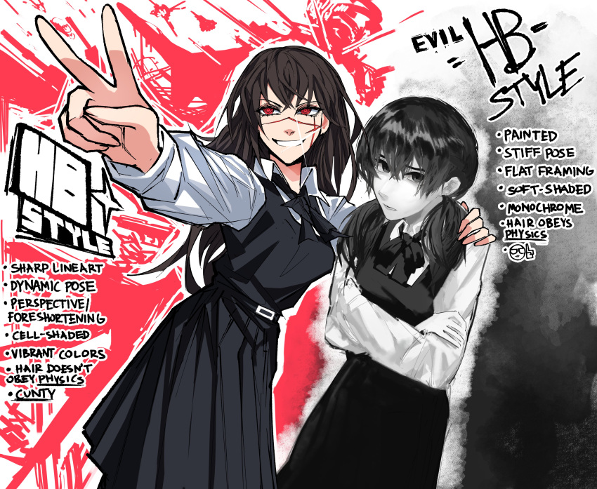 2girls absurdres black_hair chainsaw_man commentary cross_scar crossed_arms dress english_commentary english_text fourth_east_high_school_uniform glint grin heartbreak_juan highres low_twintails mitaka_asa multiple_girls partially_colored pinafore_dress pleated_dress red_eyes ringed_eyes scar scar_on_cheek scar_on_face scar_on_nose school_uniform sleeveless sleeveless_dress smile twintails v yoru_(chainsaw_man)