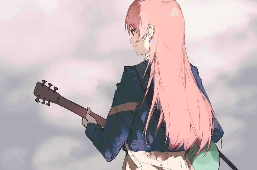 1girl artist_request bang_dream! bang_dream!_it's_mygo!!!!! blue_jacket chihaya_anon chinese_commentary closed_mouth commentary_request commission earrings from_behind grey_background grey_eyes guitar holding holding_guitar holding_instrument instrument jacket jewelry long_hair pink_hair playing_guitar second-party_source smile solo upper_body