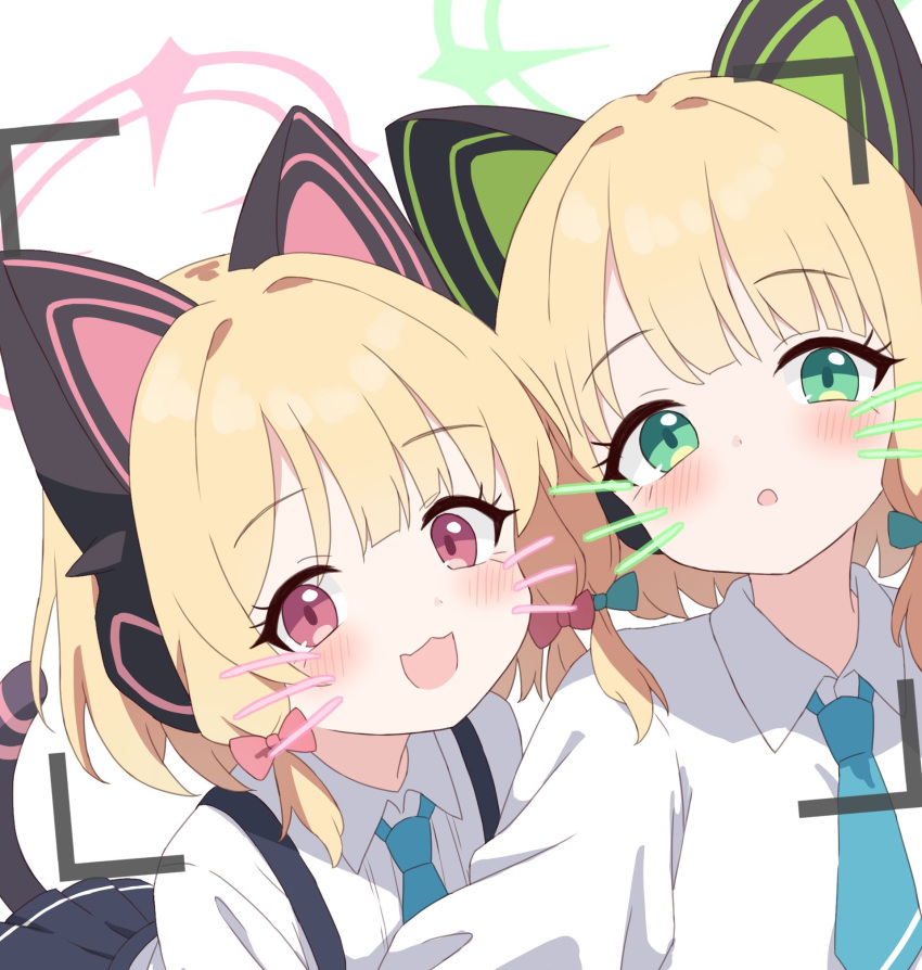 2girls :d :o animal_ear_headphones animal_ears blonde_hair blue_archive blue_bow blue_necktie blush bow cat_ear_headphones collared_shirt drawn_whiskers fake_animal_ears green_eyes hair_bow halo headphones highres looking_at_viewer medium_hair midori_(blue_archive) momoi_(blue_archive) multiple_girls necktie open_mouth pink_bow pink_eyes portrait school_uniform shirt siblings side-by-side simple_background sisters smile viewfinder white_background white_shirt yukisiannn