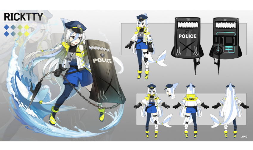 1girl black_gloves blue_shorts braid character_name fighting_stance full_body gloves hair_between_eyes highres knee_pads long_hair open_mouth original reference_sheet riot_shield shark_girl shield shorts signature single_knee_pad single_leg_pantyhose water xing_(gloryxing) yellow_footwear