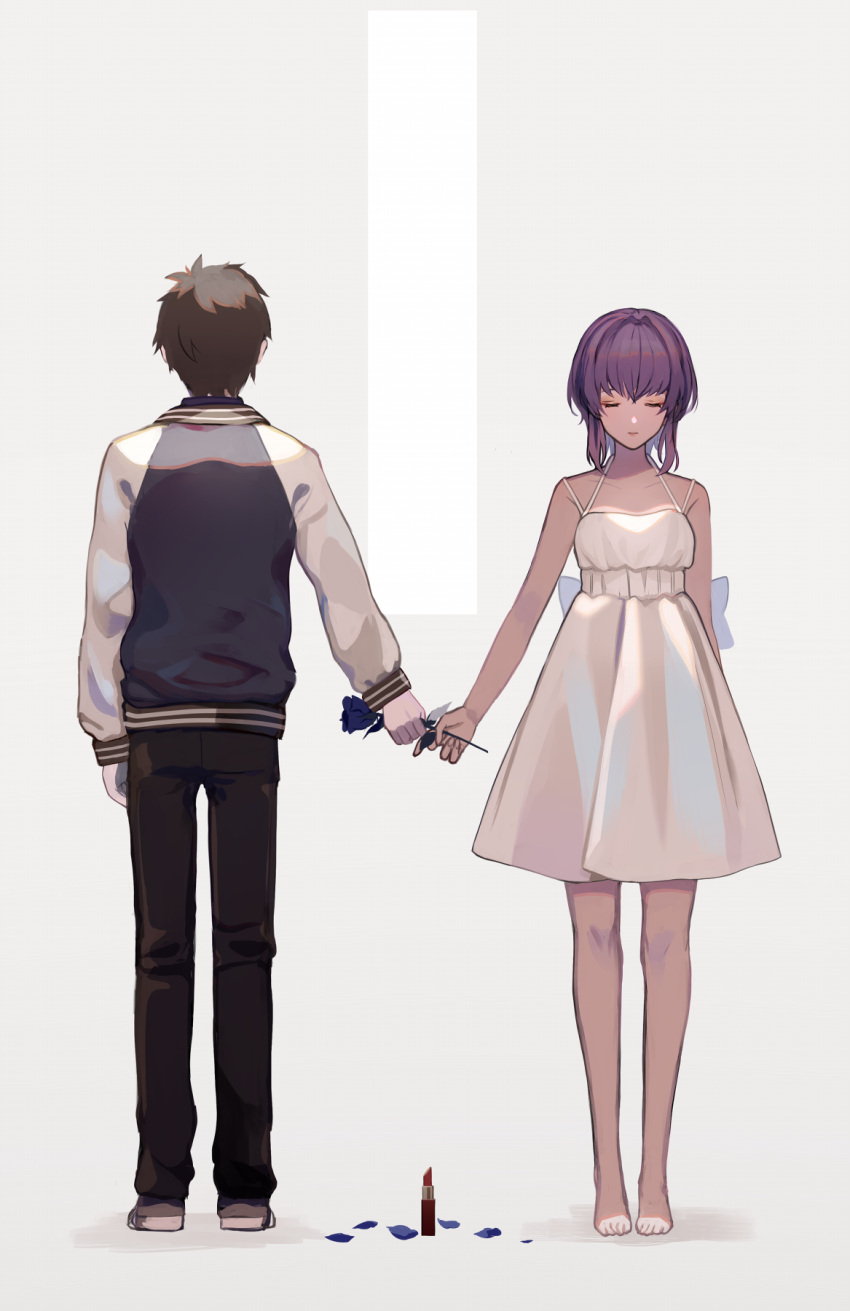 1boy 1girl 7wata_himori back barefoot blue_flower brown_hair brown_pants closed_eyes closed_mouth cosmetics dark-skinned_female dark_skin dress fate/prototype fate/prototype:_fragments_of_blue_and_silver fate_(series) flower full_body grey_jacket hassan_of_serenity_(fate) highres jacket kitano_tatsumi lipstick_tube long_sleeves multicolored_clothes multicolored_jacket pants purple_hair short_hair simple_background two-tone_jacket white_dress
