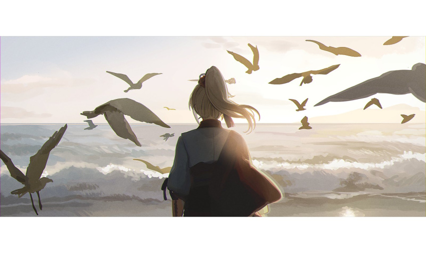 1boy archer_(fate/samurai_remnant) beach bird blonde_hair chinese_clothes chinese_hairpin clouds fate/samurai_remnant fate_(series) from_behind hair_ornament hanfu high_ponytail highres horizon letterboxed long_hair looking_afar ocean outdoors ponytail red_hanfu red_robe robe shore sky solo tassel tassel_hair_ornament uulna water white_hanfu xiao_guan_(headdress)