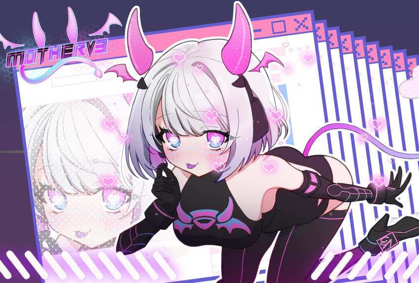 1girl aqua_eyes black_bodysuit bob_cut bodysuit breasts cpo12234412 detached_horns gradient_hair gradient_horns hair_intakes headphones high_heels highres hip_vent holographic_horns horns indie_virtual_youtuber looking_at_viewer mechanical_arms medium_breasts medium_hair motherv3 multicolored_eyes multicolored_hair multicolored_horns neon_trim pink_horns purple_horns solo tail tail_through_clothes tongue tongue_out two-tone_eyes violet_eyes virtual_youtuber