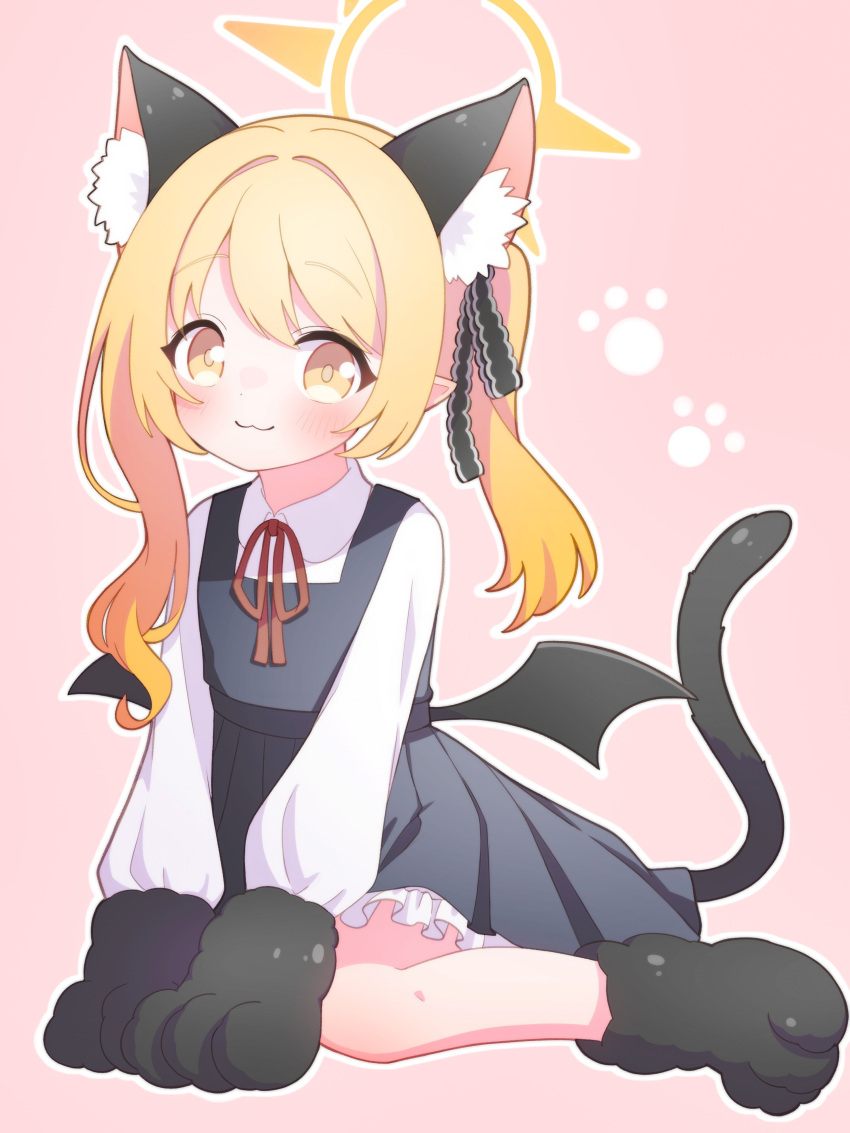 1girl :3 absurdres animal_ear_fluff animal_ears animal_hands black_tail black_wings blonde_hair blue_archive blush cat_ears cat_paws cat_tail demon_wings dress extra_ears halo highres ibuki_(blue_archive) long_hair paw_print paw_print_background petako_(ptpt_k) pinafore_dress pink_background pointy_ears ribbon sleeveless sleeveless_dress solo tail wings yellow_eyes yellow_halo