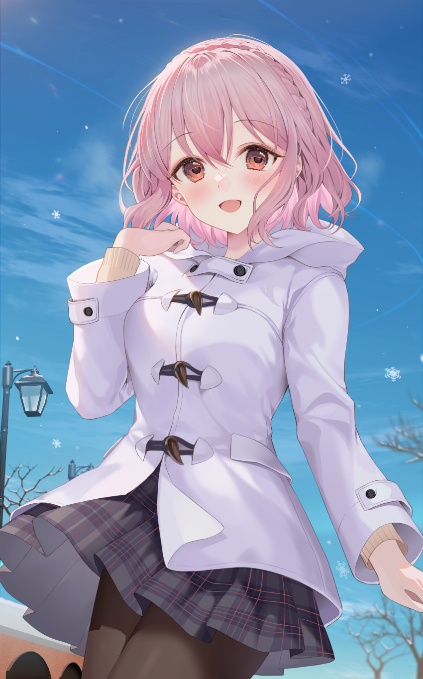 1girl absurdres bare_tree black_skirt black_thighhighs blue_sky blush breasts coat commission date_a_live duffel_coat highres ion_(on01e) jacket lamppost long_sleeves looking_at_viewer medium_breasts pink_eyes pink_hair pixiv_commission shirt short_hair skirt sky smile snowflakes snowing solo sonogami_rinne thigh-highs tree white_jacket