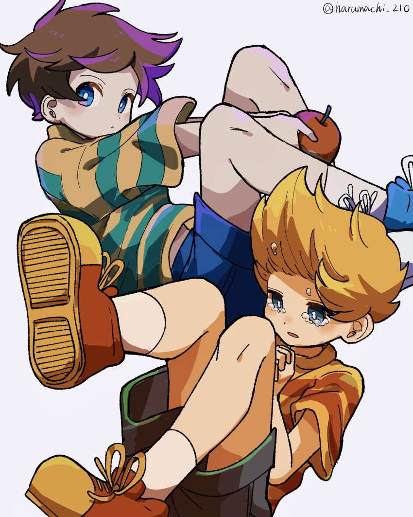 2boys apple artist_name blonde_hair blue_eyes brown_hair child commentary_request crying crying_with_eyes_open food fruit full_body haru-cho highres looking_at_viewer lucas_(mother_3) male_focus mother_(game) multiple_boys ness_(mother_2) no_headwear open_mouth shoes short_hair short_sleeves shorts striped_clothes tears white_background