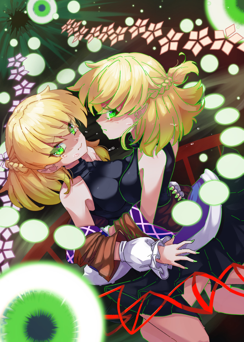 2girls 3: bare_shoulders black_shirt black_skirt blonde_hair braid breast_press breasts closed_mouth commentary_request cowboy_shot crying crying_with_eyes_open danmaku detached_sleeves dual_persona dutch_angle eyelashes eyes_visible_through_hair floating_hair french_braid fub_(fubimanji) green_eyes green_nails hand_on_another's_hip highres hug large_breasts lips looking_at_viewer medium_hair miniskirt mizuhashi_parsee multiple_girls nail_polish parsee_day perspective pleated_skirt pointy_ears raised_eyebrows sad shirt short_ponytail short_sleeves sideways_glance simple_background skirt sleeveless sleeveless_shirt spell_card symmetrical_docking tears touhou tsurime turtleneck