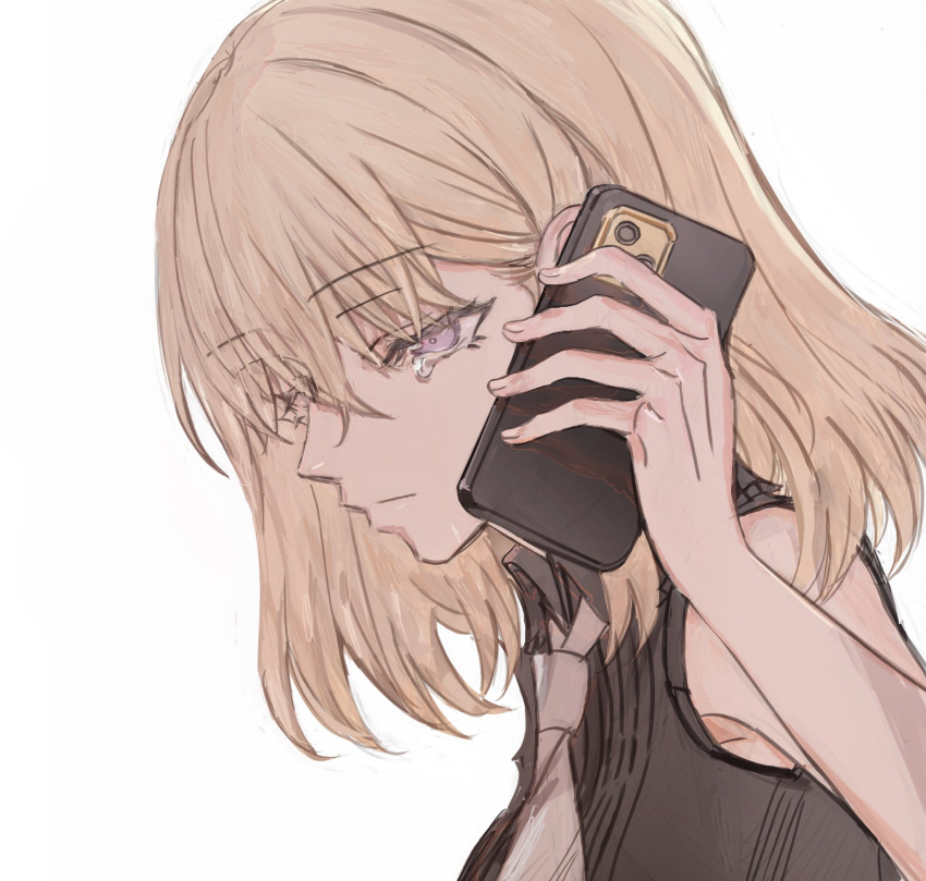 1girl bang_dream! bang_dream!_it's_mygo!!!!! black_shirt blonde_hair cellphone chinese_commentary closed_mouth commentary_request highres holding holding_phone junjun_(kimi-la) medium_hair misumi_uika necktie phone shirt simple_background sleeveless sleeveless_shirt smartphone solo tearing_up upper_body violet_eyes white_background white_necktie