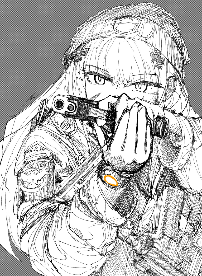1girl absurdres assault_rifle beanie cross_hair_ornament girls_frontline grey_background grey_hair gun gun_sling h&amp;k_hk416 hair_ornament handgun hat highres hk416_(girls'_frontline) holding holding_gun holding_weapon imponte1232 jacket long_hair long_sleeves patch police rifle simple_background solo watch weapon