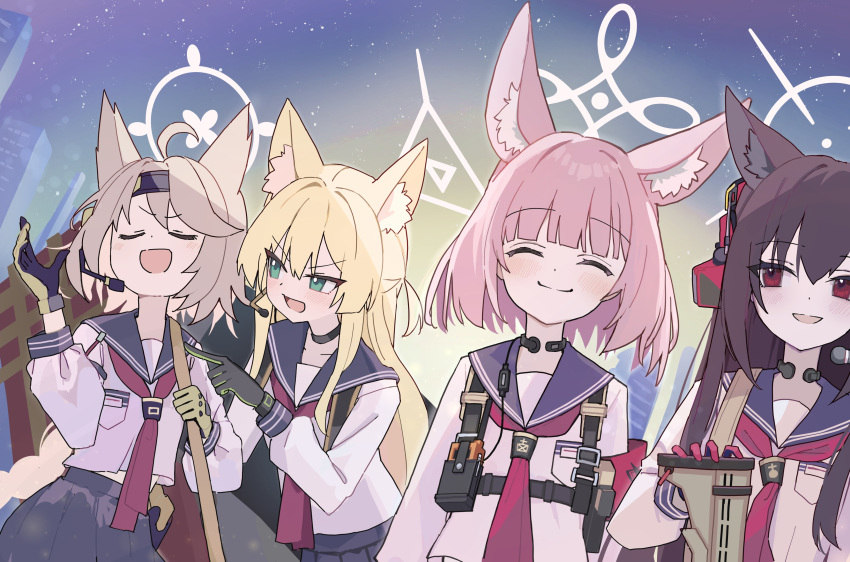 4girls absurdres animal_ear_fluff animal_ears armband blonde_hair blue_archive blue_halo ear_protection earpiece fox_ears fox_girl fox_platoon_(blue_archive) green_halo grey_hair halo headset highres holster inaba_reito kurumi_(blue_archive) long_hair looking_at_viewer multiple_girls neckerchief niko_(blue_archive) otogi_(blue_archive) pink_hair pointing pointing_at_another red_armband red_headphones red_neckerchief school_uniform serafuku shoulder_holster smile throat_microphone two-tone_gloves yukino_(blue_archive)