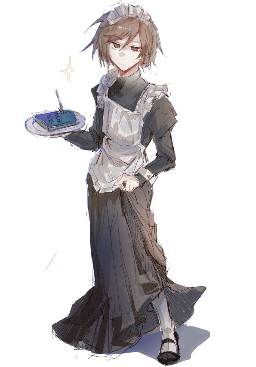 alternate_costume apron black_dress black_footwear brown_hair chinese_commentary chinese_text closed_mouth commentary_request crossdressing dress enmaided frilled_apron frills frown full_body harada_mutei highres long_dress maid maid_apron maid_headdress male_focus male_maid pantyhose puffy_sleeves red_eyes saibou_shinkyoku short_hair shuguan_zhiwa simple_background sketch sweat translation_request white_apron white_background white_pantyhose