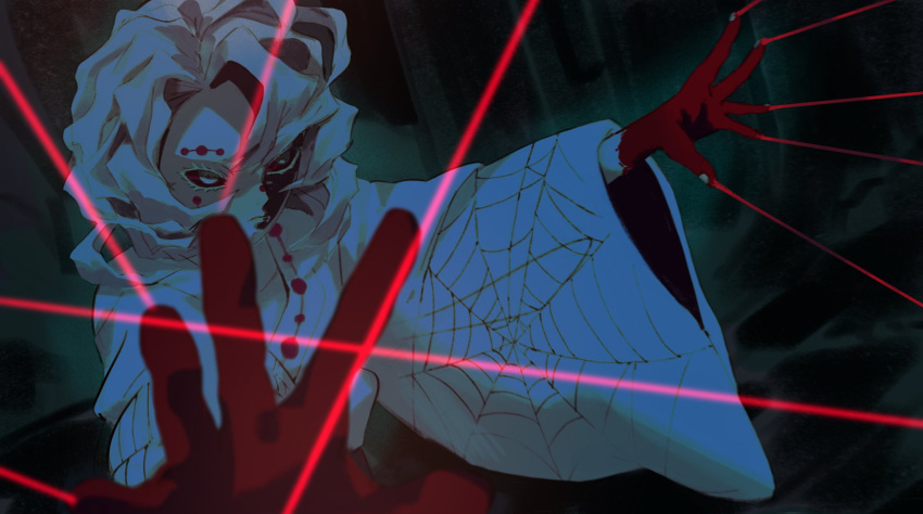 1boy closed_mouth colored_eyelashes colored_sclera derivative_work highres japanese_clothes kimetsu_no_yaiba male_focus naruysae outstretched_arms red_sclera rui_(kimetsu_no_yaiba) screencap_redraw short_hair solo spider_web_print white_eyes white_hair white_nails wide_sleeves