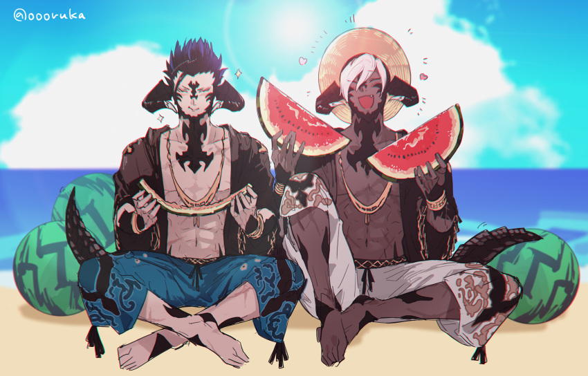 2boys :i artist_name au_ra barefoot beach black_hair black_horns blue_sky blush chewing closed_eyes closed_mouth clouds cloudy_sky colored_tips commentary_request eating facing_viewer fang final_fantasy final_fantasy_xiv food fruit full_body hands_up hat highres horns indian_style jewelry karuo_(oooruka_cr) loving_aura low_horns male_focus multicolored_hair multiple_boys necklace no_shirt ocean open_mouth outdoors pants purple_hair short_hair sitting sky sun_hat tail twitter_username two-tone_hair warrior_of_light_(ff14) watermelon watermelon_slice white_hair