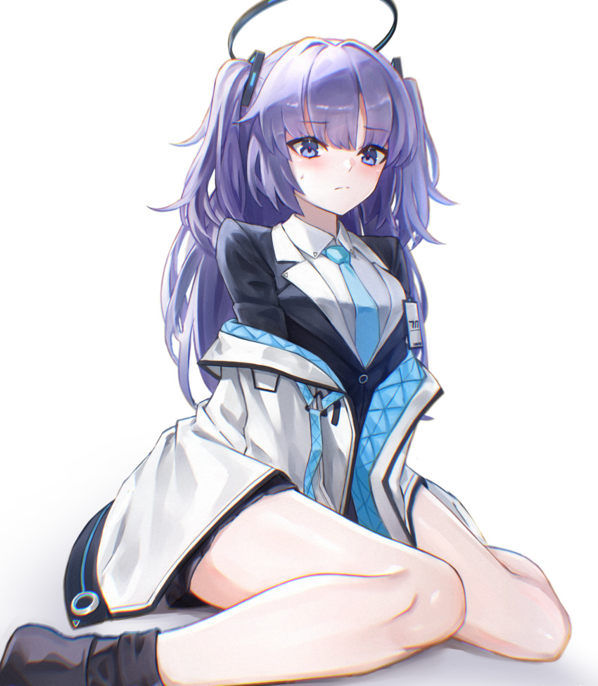 1girl black_halo blue_archive blue_necktie collared_shirt halo highres id_card jacket long_hair mechanical_halo necktie off_shoulder open_clothes open_jacket purple_hair shirt sitting suit triangle_hair_ornament two-sided_fabric two-sided_jacket two_side_up umeo_(pixiv51103813) violet_eyes wariza white_background white_shirt yuuka_(blue_archive)