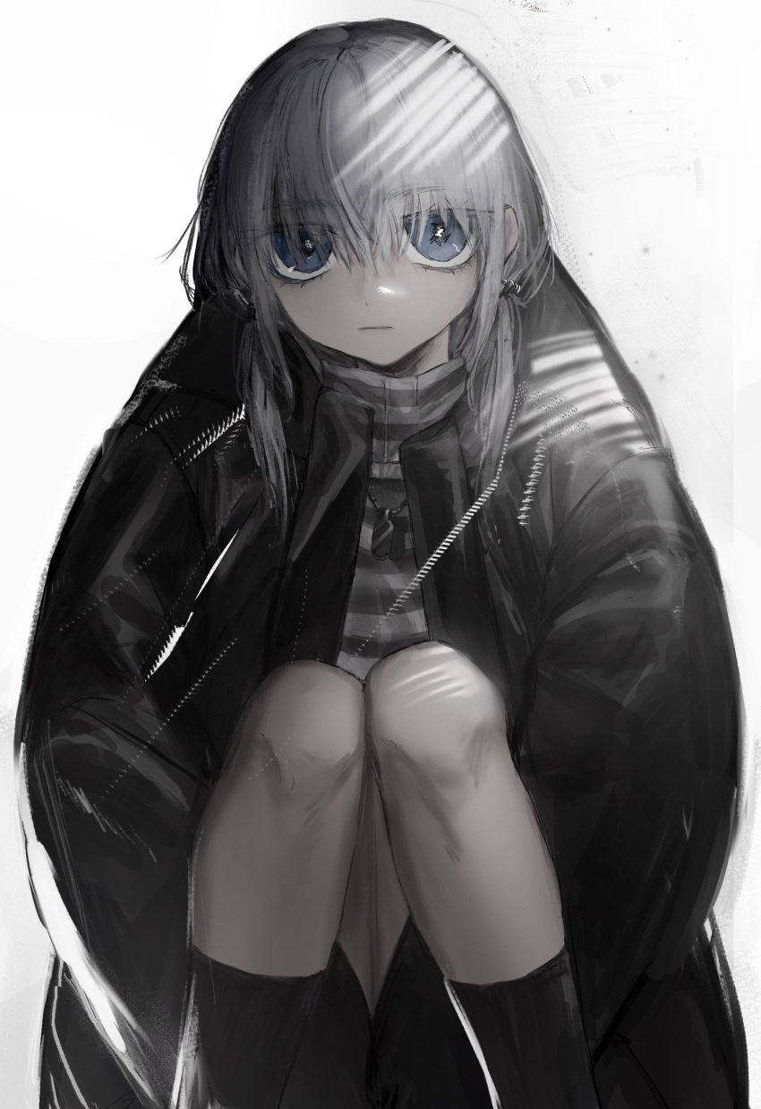 1girl bad_id bad_twitter_id black_jacket black_socks blue_eyes closed_mouth fcx4l grey_hair hair_between_eyes highres hugging_own_legs inactive_account jacket jewelry knees_up long_hair long_sleeves looking_at_viewer necklace original shirt sitting socks solo striped_clothes striped_shirt