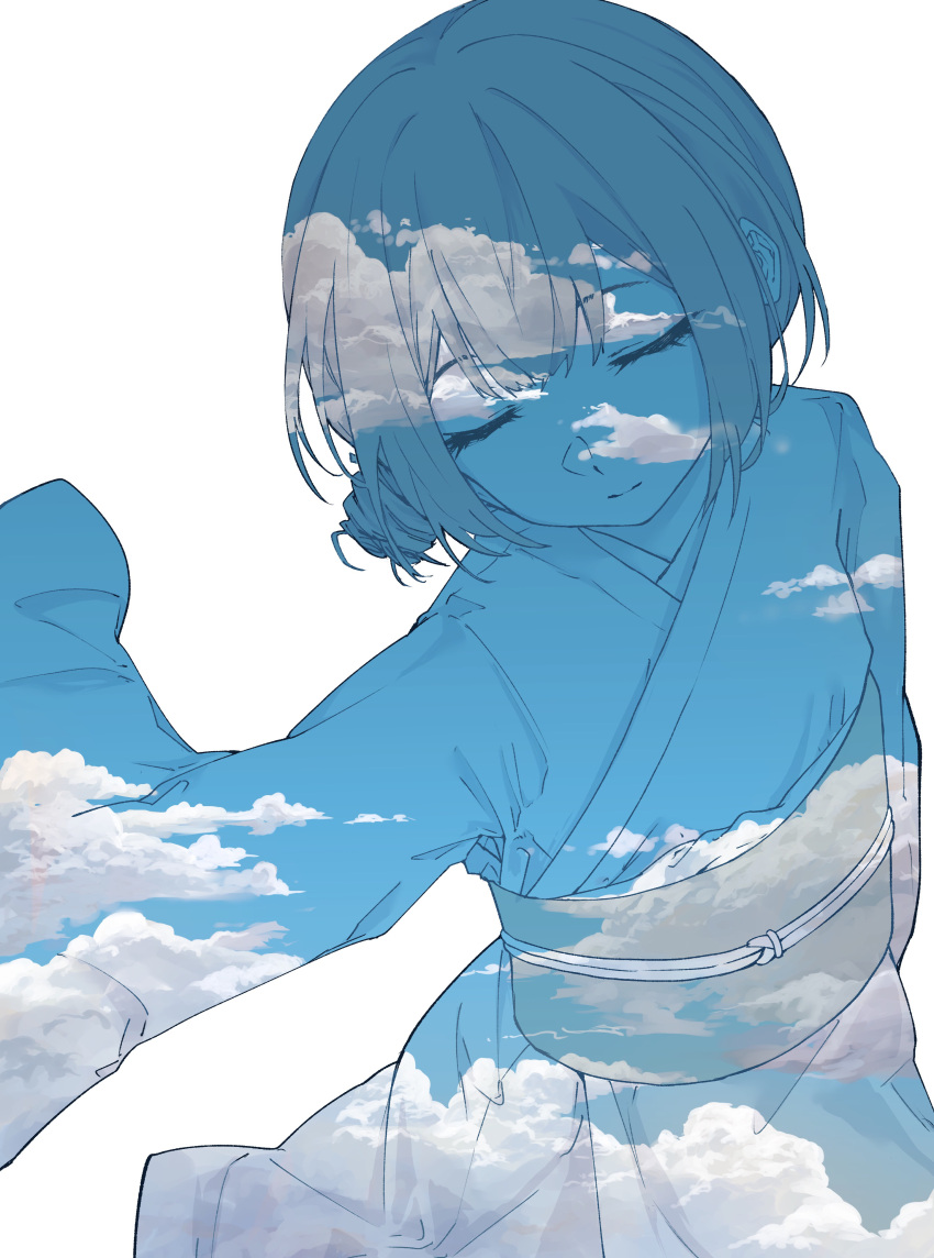 1girl :| absurdres blue_sky closed_eyes closed_mouth clouds double-parted_bangs double_exposure hair_bun highres idolmaster idolmaster_shiny_colors japanese_clothes kimono lulutaeri morino_rinze obi sash short_hair simple_background sky solo white_background