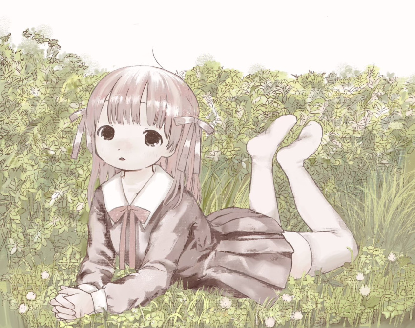 1girl black_dress dress flower grass grey_hair grey_ribbon hair_ribbon leaf legs_up long_hair looking_at_viewer lying on_stomach original own_hands_together parted_lips plant pleated_dress red_ribbon ribbon shiromomo_sofuto soles solo the_pose thigh-highs white_flower white_thighhighs