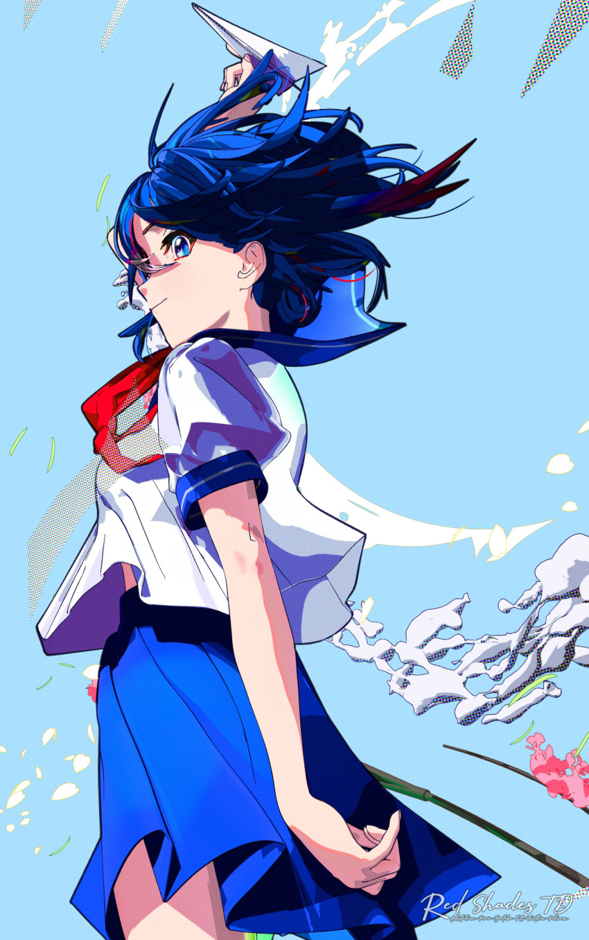 1girl 3d arm_up artist_name blue_eyes blue_hair blue_sailor_collar blue_serafuku blue_skirt cel_shading closed_mouth colored_eyelashes cowboy_shot derivative_work floating_clothes floating_hair floating_neckwear from_side highres holding holding_paper_airplane midriff_peek mika_pikazo neckerchief paper_airplane pleated_skirt red_neckerchief redshadestd sailor_collar school_uniform serafuku short_hair short_sleeves skirt smile solo stairs wind wind_lift