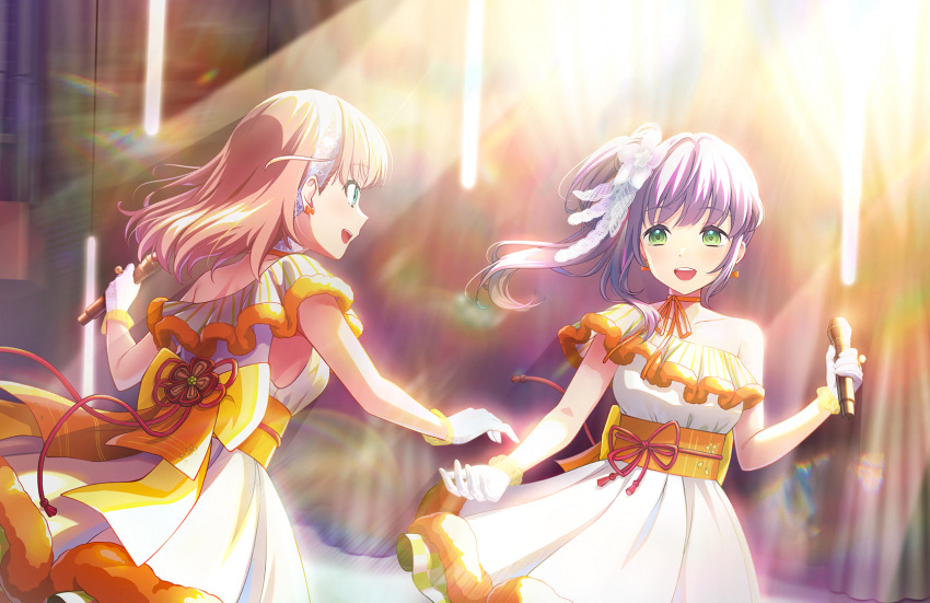 2girls :d asymmetrical_dress back_bow bow bow_earrings cerise_bouquet choker collarbone dress earrings flower frilled_dress frills game_cg gloves green_eyes hair_flower hair_ornament hairband highres hinoshita_kaho holding holding_microphone idol_clothes imminent_hand_holding jewelry lace_hairband lens_flare link!_like!_love_live! long_hair looking_at_another love_live! medium_hair microphone multiple_girls official_alternate_costume official_art open_mouth orange_bow orange_choker orange_hair orange_ribbon orange_sash orange_trim otomune_kozue purple_hair ribbon ribbon_choker side_ponytail sidelocks single-shoulder_dress sleeveless sleeveless_dress smile stage suisai_sekai_(love_live!) teeth third-party_source upper_teeth_only white_dress white_gloves