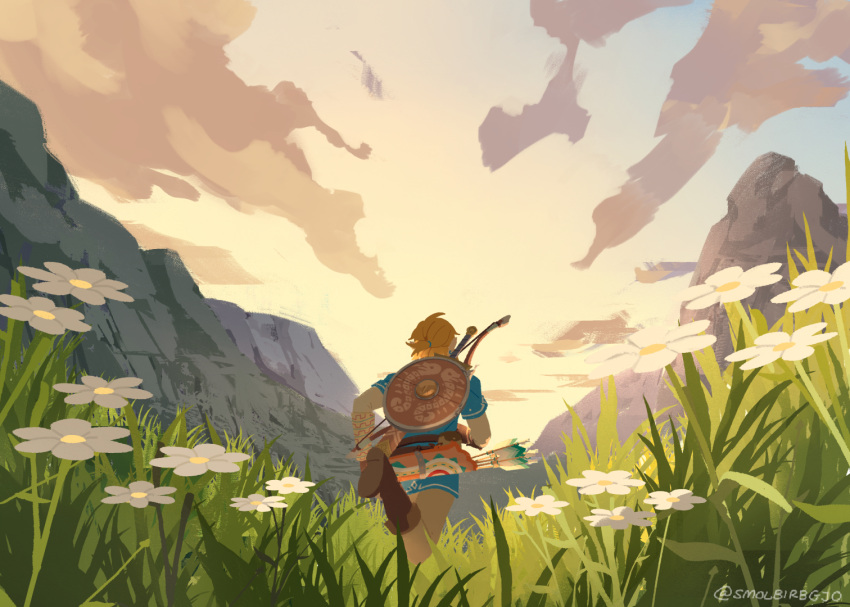 1boy arrow_(projectile) blonde_hair blue_tunic boots bow_(weapon) brown_footwear champion's_tunic_(zelda) clouds cloudy_sky earrings flower from_behind grass half_updo jewelry knee_boots link mountain pants pointy_ears quiver shield shield_on_back sky smolbirbgjo solo sword the_legend_of_zelda the_legend_of_zelda:_tears_of_the_kingdom tunic weapon weapon_on_back white_flower white_pants