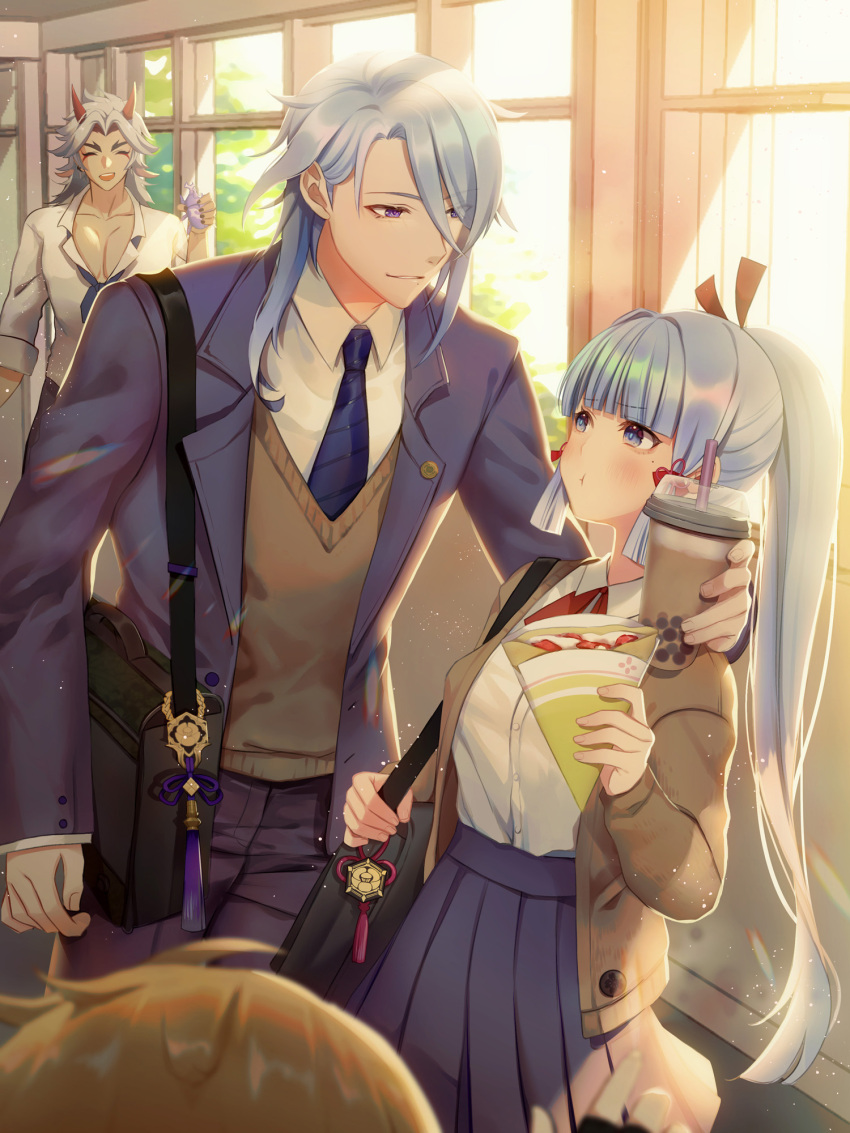 1girl 3boys :t aether_(genshin_impact) arataki_itto bag black_bag black_jacket blonde_hair blue_eyes blue_hair blue_necktie blunt_bangs blush brown_vest chinese_commentary closed_eyes closed_mouth commentary_request cup disposable_cup food genshin_impact hair_between_eyes hair_ornament hair_ribbon highres holding holding_cup jacket japanese_clothes kamisato_ayaka kamisato_ayato kokuka_gnsn mole multiple_boys necktie oni open_mouth ponytail red_ribbon ribbon school_uniform shoulder_bag smile sweater_vest tassel vest violet_eyes white_hair