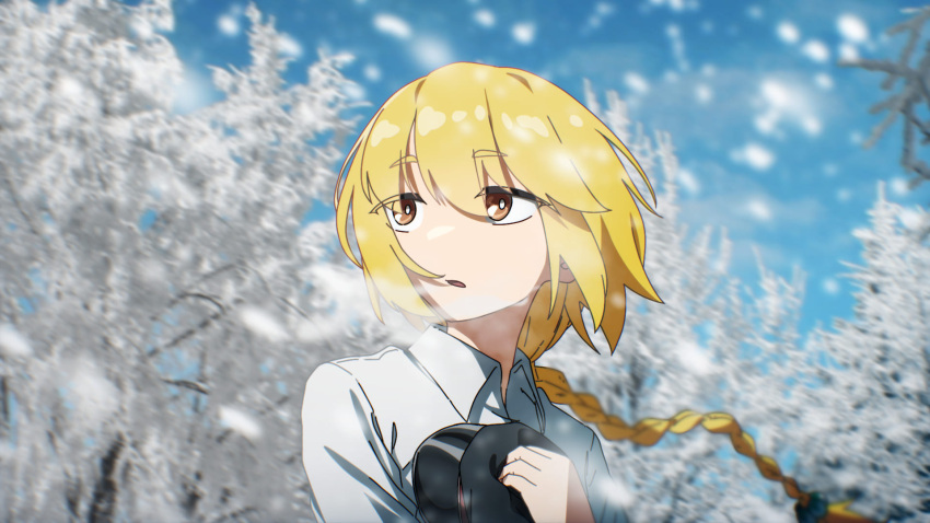 1girl black_hat blonde_hair borrowed_character braid braided_ponytail collared_shirt commentary_request gardara_(roh_anima) hair_flowing_over hat highres holding holding_clothes holding_hat indonesian_commentary long_hair looking_afar orange_eyes original parted_lips peaked_cap second-party_source shirt sidelocks snowing solo tree upper_body white_shirt zeni_gumi
