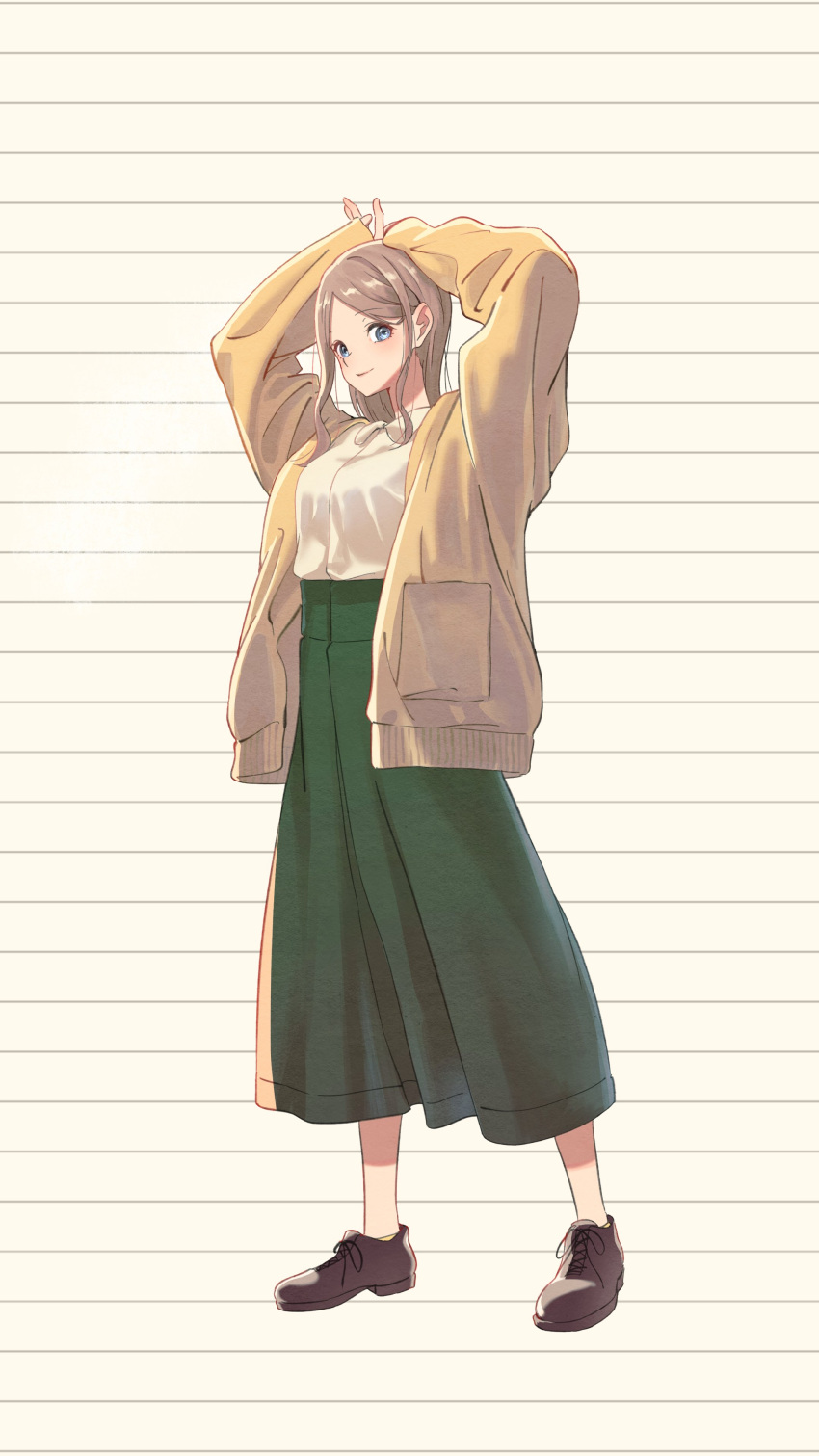 1girl absurdres arms_up bang_dream! bang_dream!_it's_mygo!!!!! blue_eyes brown_background brown_cardigan brown_footwear brown_hair cardigan closed_mouth commentary_request green_skirt highres long_sleeves looking_at_viewer nagasaki_soyo open_cardigan open_clothes shirt shu_atelier skirt sleeves_past_wrists smile solo standing striped_background white_shirt